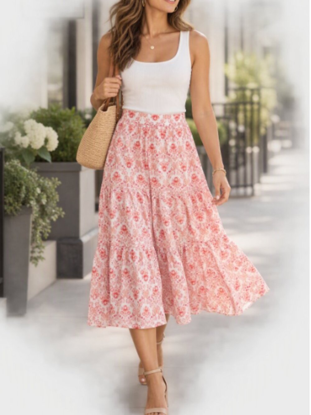Cynthia Rowley Linen Blend Pink Floral Tiered Maxi Skirt